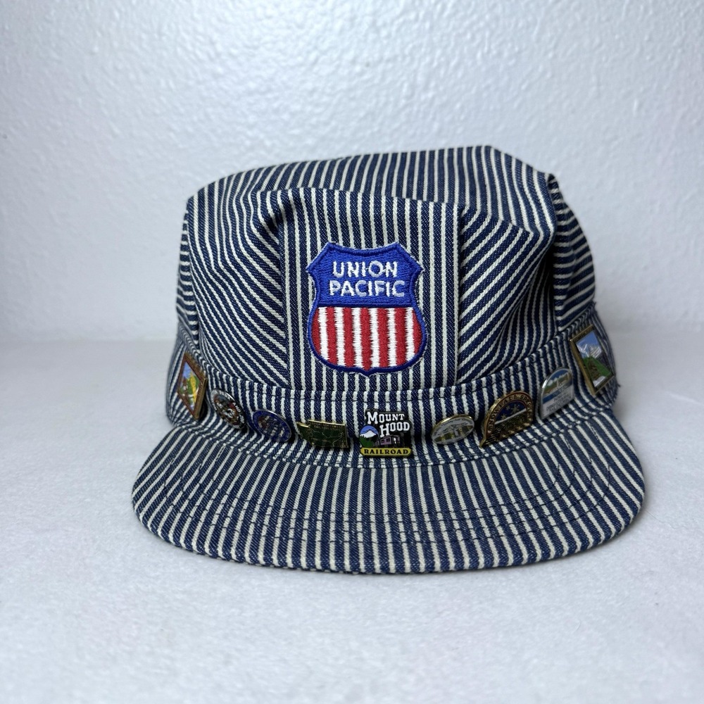 Vintage Union Pacific Railroad Conductor Hat Blue Hickory Stripe With Pins USA